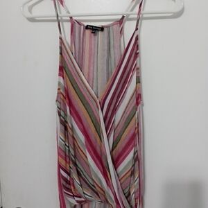 Pink Clover Striped High Low Twisted Waist Overlap Tank Top